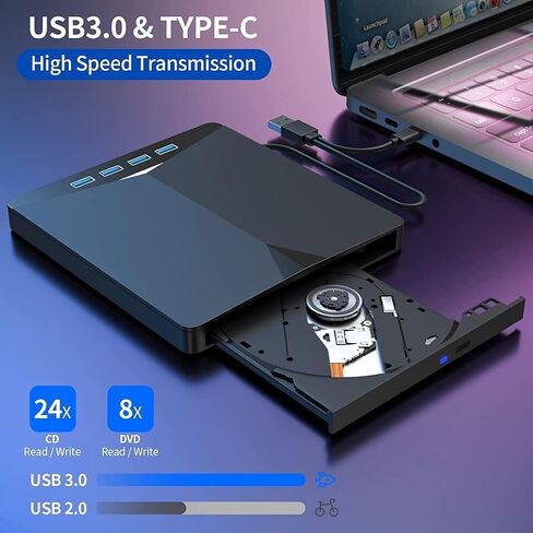 محرك أقراص ضوئي خارجي نحيف تيار مستمر 5 فولت مع USB 3.0 و3 منافذ USB 2.0 يدعم بطاقة TF SD وقارئ أقراص CD DVD VCD SVCD in Kuwait