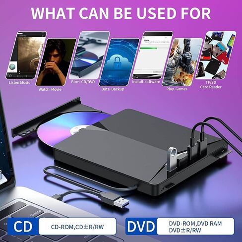 محرك أقراص ضوئي خارجي نحيف تيار مستمر 5 فولت مع USB 3.0 و3 منافذ USB 2.0 يدعم بطاقة TF SD وقارئ أقراص CD DVD VCD SVCD in Kuwait
