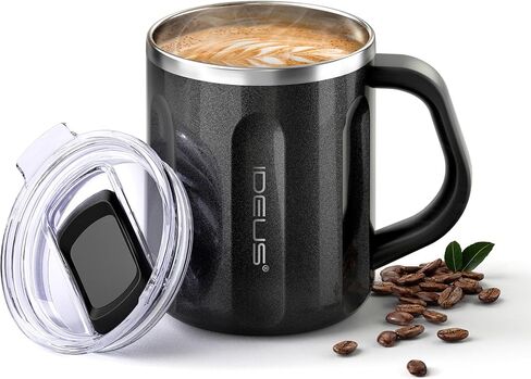 كوب قهوة معزول سعة 16 أونصة (470 مل) من Ideus بمقبض وغطاء، كوب قهوة حراري مزدوج الجدار من الفولاذ المقاوم للصدأ، كوب قهوة حراري للسفر للمنزل والمكتب (رمادي نهائي) in Saudi Arabia