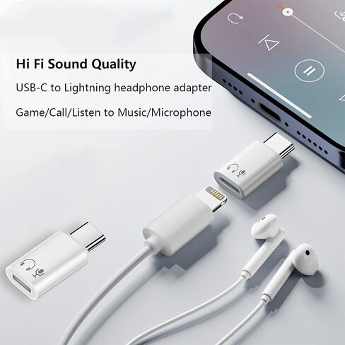 محول صوت USB C إلى Lightning، محول USB C ذكر إلى Lightning أنثى لسماعات الرأس HiFi يدعم المكالمات/الاستماع إلى الموسيقى/جهاز التحكم عن بعد/الميكروفون (أبيض) in Kuwait