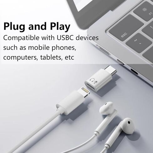 محول صوت USB C إلى Lightning، محول USB C ذكر إلى Lightning أنثى لسماعات الرأس HiFi يدعم المكالمات/الاستماع إلى الموسيقى/جهاز التحكم عن بعد/الميكروفون (أبيض) in Kuwait