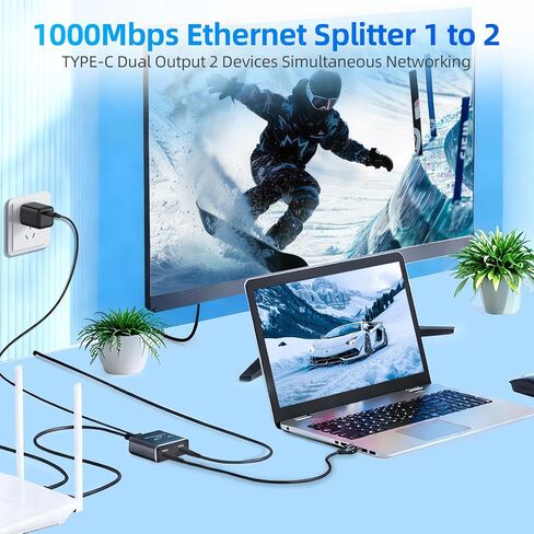 موزع جيجابت إيثرنت 1 في 2 مخرج، موزع RJ45 LAN يعمل بمنفذ USB-C، محول شبكة 1000 ميجابت في الثانية لجهازين الوصول إلى الإنترنت في وقت واحد، التوصيل والتشغيل للكمبيوتر الشخصي والكمبيوتر المحمول والتلفزيون وجهاز التوجيه والمحول (RJ-SP102CK) in Kuwait