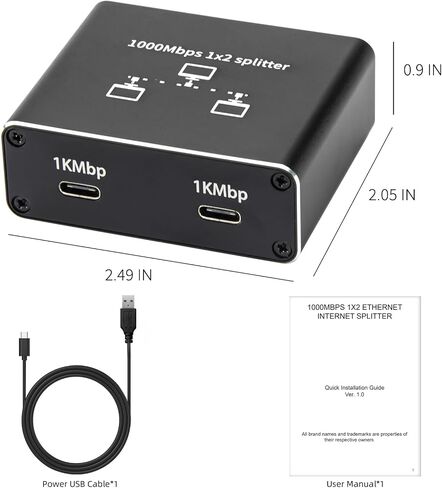 موزع جيجابت إيثرنت 1 في 2 مخرج، موزع RJ45 LAN يعمل بمنفذ USB-C، محول شبكة 1000 ميجابت في الثانية لجهازين الوصول إلى الإنترنت في وقت واحد، التوصيل والتشغيل للكمبيوتر الشخصي والكمبيوتر المحمول والتلفزيون وجهاز التوجيه والمحول (RJ-SP102CK) in Kuwait