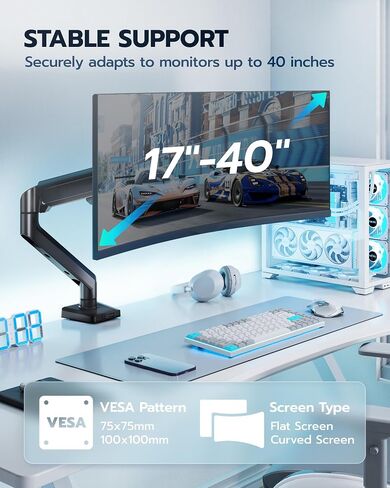 ARES WING Heavy Duty Single Monitor Arm - Fully Adjustable Monitor Mount for 17"-40" Ultrawide Screens up to 26.4 lbs with Clamp/Grommet Desk Mount, 75/100 Vesa Mount, Black in Saudi Arabia