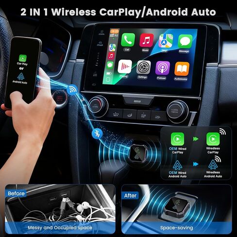 محول CarPlay اللاسلكي لأجهزة Apple وAndroid Auto، سلكي إلى لاسلكي، التوصيل والتشغيل، اتصال مستقر وبدون زمن الوصول، متوافق مع iPhone 6+، iOS 10+، Android 11+ وأكثر من 800 طراز سيارة in Saudi Arabia