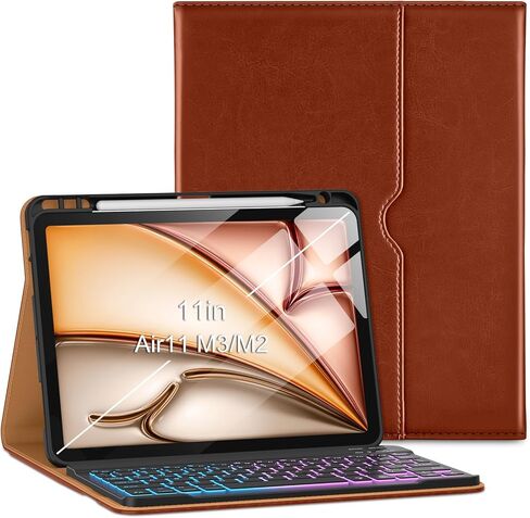 حافظة لوحة المفاتيح VIKESI لجهاز iPad Air 11 بوصة M3/M2 (إصدار 2025/2024) وiPad Air الجيل الخامس/ الرابع مقاس 10.9 بوصة، غطاء جلدي، ضوء تهوية مدمج، صف وظيفي، حامل قلم رصاص، فتحات للبطاقات - بني فاتح in Kuwait