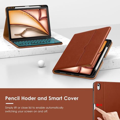 حافظة لوحة المفاتيح VIKESI لجهاز iPad Air 11 بوصة M3/M2 (إصدار 2025/2024) وiPad Air الجيل الخامس/ الرابع مقاس 10.9 بوصة، غطاء جلدي، ضوء تهوية مدمج، صف وظيفي، حامل قلم رصاص، فتحات للبطاقات - بني فاتح in Kuwait