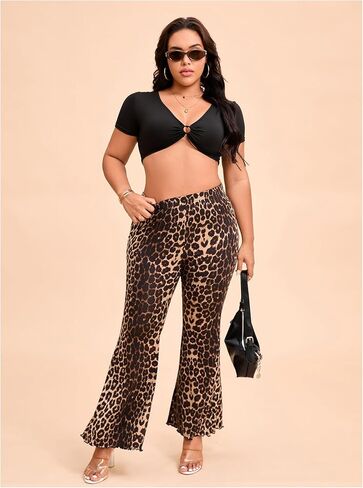 Wdirara Women's Plus Leopard Print Prans Flared Pants مرنة الخس الخس in Saudi Arabia