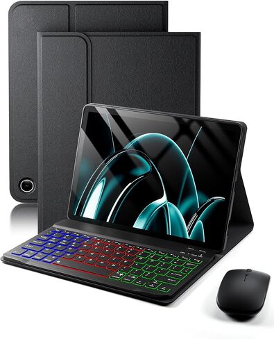 حافظة Amazon Fire Max 11 مع لوحة مفاتيح (الجيل الثالث عشر، 11 بوصة) - حافظة لوحة مفاتيح بإضاءة خلفية بألوان قوس قزح - حامل أقلام مدمج مع ماوس - أسود in Kuwait
