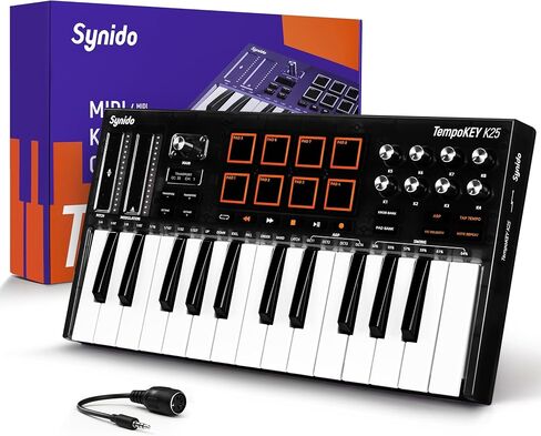 لوحة مفاتيح تحكم Synido Wireless USB C MIDI 25 مفتاحًا قابلة لإعادة الشحن مع 8 منصات RGB للسرعة، شاشة OLED، مدخل MIDI/خارج/من خلال، لوحة مفاتيح MIDI احترافية لإنتاج الموسيقى، TempoKEY W25 in Kuwait