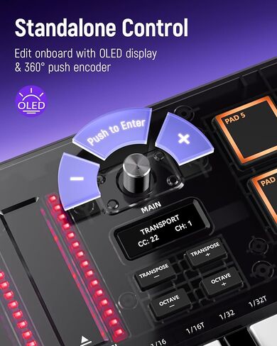 لوحة مفاتيح تحكم Synido Wireless USB C MIDI 25 مفتاحًا قابلة لإعادة الشحن مع 8 منصات RGB للسرعة، شاشة OLED، مدخل MIDI/خارج/من خلال، لوحة مفاتيح MIDI احترافية لإنتاج الموسيقى، TempoKEY W25 in Kuwait