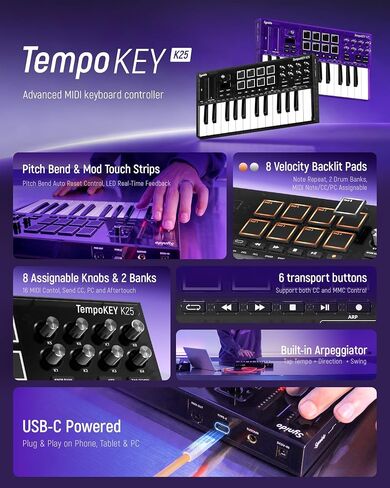 لوحة مفاتيح تحكم Synido Wireless USB C MIDI 25 مفتاحًا قابلة لإعادة الشحن مع 8 منصات RGB للسرعة، شاشة OLED، مدخل MIDI/خارج/من خلال، لوحة مفاتيح MIDI احترافية لإنتاج الموسيقى، TempoKEY W25 in Kuwait