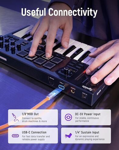 لوحة مفاتيح تحكم Synido Wireless USB C MIDI 25 مفتاحًا قابلة لإعادة الشحن مع 8 منصات RGB للسرعة، شاشة OLED، مدخل MIDI/خارج/من خلال، لوحة مفاتيح MIDI احترافية لإنتاج الموسيقى، TempoKEY W25 in Kuwait