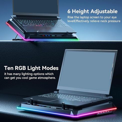 لوحة تبريد للكمبيوتر المحمول GOWENIC RGB، وسادة تبريد احترافية للألعاب مع 2 مروحتين توربينيتين 500-2300 دورة في الدقيقة 6 ارتفاعات 10 أوضاع إضاءة RGB، لأجهزة الكمبيوتر المحمولة مقاس 15.6-19 بوصة in Saudi Arabia