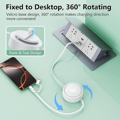 360°Rotatable Desktop Sticker 100W Retractable USB C Multi 2-in-2 USB A/Type C to Lightning/USB C iPhone Charger Cable Organizer,6FT Charge Cord for iPhone 16 15 14 13 12 Pro Max/Samsung/iPad-White in Saudi Arabia