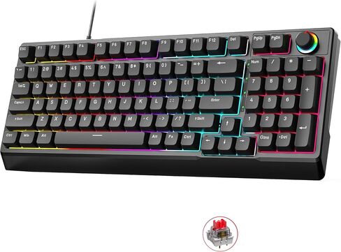 Mechanical Gaming Keyboard with Red Switches: 98 Keys PC Gaming Keyboard with Backlit，Multi-Function Volume & Lighting Knob,Anti-Ghosting Wired USB keybaord for Elite PC/Mac Gamers in Saudi Arabia