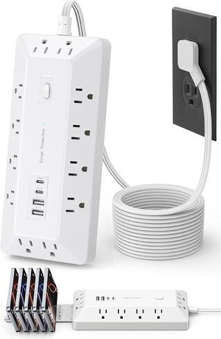 قطاع الطاقة الواقي من زيادة التيار، 12 منفذ تيار متردد، 2 USB-C 2 USB-A، سلك تمديد قابس مسطح بطول 6 أقدام، موسع منافذ توصيل متعدد مع حامل لوحة الهاتف لمحطة شحن مكتب المنضدة (أبيض) in Kuwait