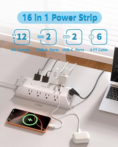 قطاع الطاقة الواقي من زيادة التيار، 12 منفذ تيار متردد، 2 USB-C 2 USB-A، سلك تمديد قابس مسطح بطول 6 أقدام، موسع منافذ توصيل متعدد مع حامل لوحة الهاتف لمحطة شحن مكتب المنضدة (أبيض) in Kuwait