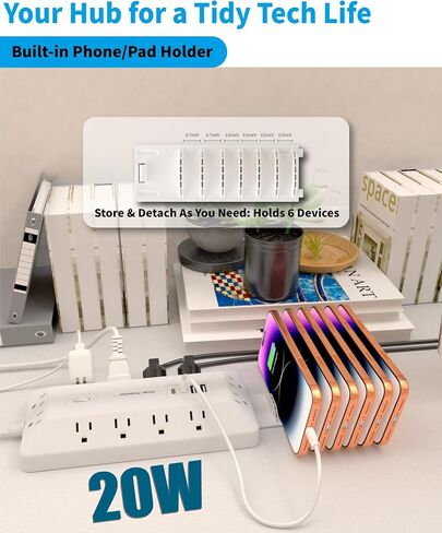 قطاع الطاقة الواقي من زيادة التيار، 12 منفذ تيار متردد، 2 USB-C 2 USB-A، سلك تمديد قابس مسطح بطول 6 أقدام، موسع منافذ توصيل متعدد مع حامل لوحة الهاتف لمحطة شحن مكتب المنضدة (أبيض) in Kuwait
