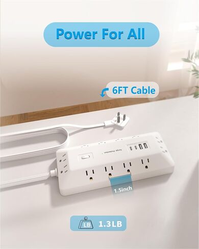 قطاع الطاقة الواقي من زيادة التيار، 12 منفذ تيار متردد، 2 USB-C 2 USB-A، سلك تمديد قابس مسطح بطول 6 أقدام، موسع منافذ توصيل متعدد مع حامل لوحة الهاتف لمحطة شحن مكتب المنضدة (أبيض) in Kuwait