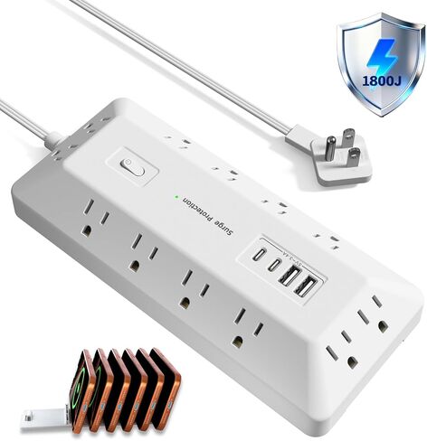 قطاع الطاقة الواقي من زيادة التيار، 12 منفذ تيار متردد، 2 USB-C 2 USB-A، سلك تمديد قابس مسطح بطول 6 أقدام، موسع منافذ توصيل متعدد مع حامل لوحة الهاتف لمحطة شحن مكتب المنضدة (أبيض) in Kuwait