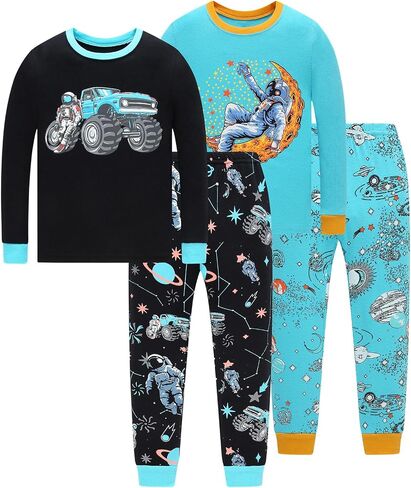 Little bety Boys 4 Pieces Cotton Pajamas Toddlers Long Sleeve 24M-12Years | Soft Sleepwear Sets With Truck ，Dinosaur，Space， UFO ，Shark Prints For Kids in Kuwait