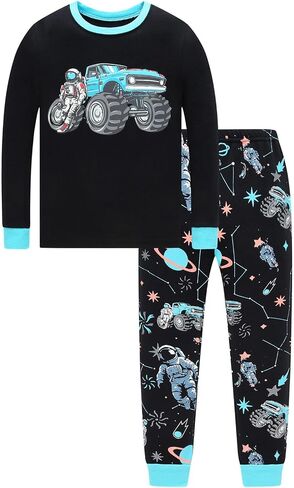 Little bety Boys 4 Pieces Cotton Pajamas Toddlers Long Sleeve 24M-12Years | Soft Sleepwear Sets With Truck ，Dinosaur，Space， UFO ，Shark Prints For Kids in Kuwait