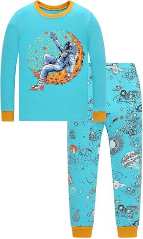 Little bety Boys 4 Pieces Cotton Pajamas Toddlers Long Sleeve 24M-12Years | Soft Sleepwear Sets With Truck ，Dinosaur，Space， UFO ，Shark Prints For Kids in Kuwait