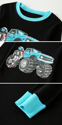 Little bety Boys 4 Pieces Cotton Pajamas Toddlers Long Sleeve 24M-12Years | Soft Sleepwear Sets With Truck ，Dinosaur，Space， UFO ，Shark Prints For Kids in Kuwait