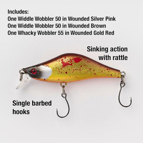 Wounded Duo Sampler 3 Pack – Ultralight Wobble Minnow Crankbait Fishing Lures (55mm & 50mm) – Wounded Series – Single Barb Hooks – Trout, Bass & Panfish Lures in Saudi Arabia