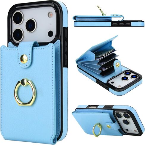 Folosu Compatible with iPhone 17 Pro Case Wallet with Card Holder, 360°Rotation Finger Ring Holder Kickstand, RFID Blocking Leather Protective Double Buttons Shockproof Cover 6.3 Inch Black in Saudi Arabia