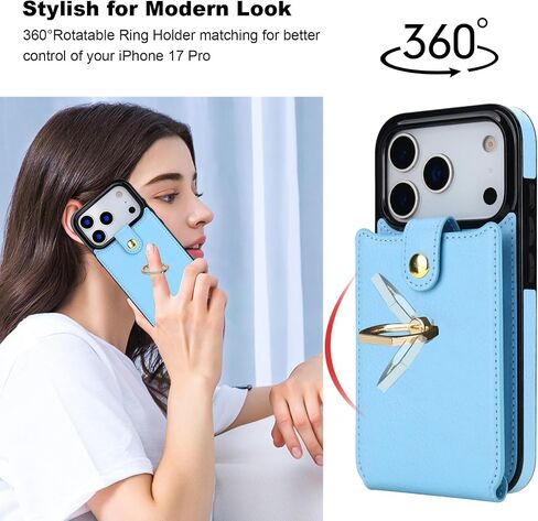 Folosu Compatible with iPhone 17 Pro Case Wallet with Card Holder, 360°Rotation Finger Ring Holder Kickstand, RFID Blocking Leather Protective Double Buttons Shockproof Cover 6.3 Inch Black in Saudi Arabia