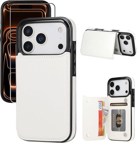 for iPhone 17 Pro Wallet Case with Screen Protector, Slim PU Leather Protective Case with Card Holder[RFID Blocking] Kickstand Cover 6.3“-White in Saudi Arabia