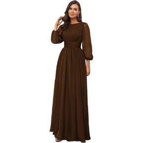 Elegant Chiffon Bridesmaid Dresses for Women Ruffles Scoop Neck Long Sleeves A-line Long Pleated Formal Dress in Kuwait