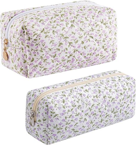 JOVAKIT 2Pcs Makeup Bag Quilted Cosmetic Bag for Women Girls, Floral Coquette Cotton Toiletry Zipper Make Up Pouch, Travel Storage Organizer Pouch (Blue Floral) in Saudi Arabia