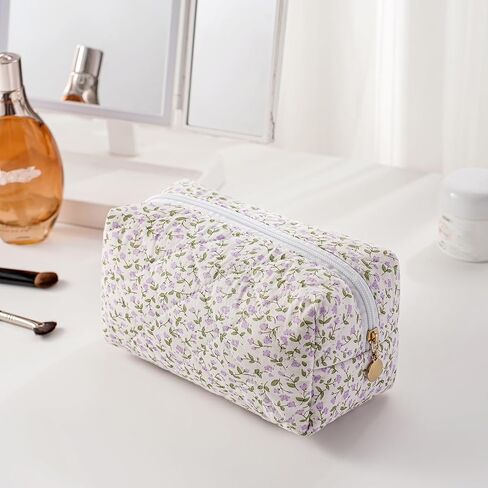 JOVAKIT 2Pcs Makeup Bag Quilted Cosmetic Bag for Women Girls, Floral Coquette Cotton Toiletry Zipper Make Up Pouch, Travel Storage Organizer Pouch (Blue Floral) in Saudi Arabia