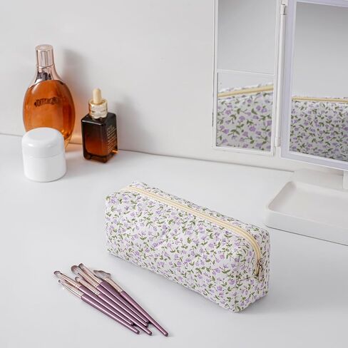 JOVAKIT 2Pcs Makeup Bag Quilted Cosmetic Bag for Women Girls, Floral Coquette Cotton Toiletry Zipper Make Up Pouch, Travel Storage Organizer Pouch (Blue Floral) in Saudi Arabia