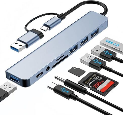 USB A/C Hub, 8-in-1 Multi-Port Adapter for Laptops, SD/TF Card, 3 USBA 2.0 & 1 USBA 3.0 & 1 USBC Data Ports, 3.5 Audio, 5.3 inch Cable, USB Hub for Game Consoles Phones Tablets in Saudi Arabia