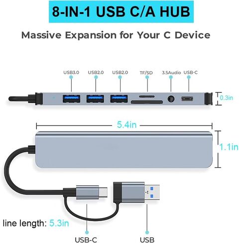 USB A/C Hub, 8-in-1 Multi-Port Adapter for Laptops, SD/TF Card, 3 USBA 2.0 & 1 USBA 3.0 & 1 USBC Data Ports, 3.5 Audio, 5.3 inch Cable, USB Hub for Game Consoles Phones Tablets in Saudi Arabia
