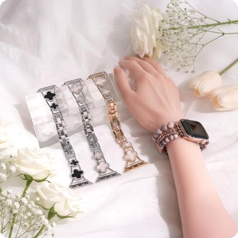 سوار ساعة كلوفر للنساء، سوار ذهبي وفضي أنيق، حزام معدني أنيق وفاخر لسلسلة ساعات أبل 10/9/8/7/6/5/4/3/2/1/SE/Ultra 2، يناسب موديلات 38 مم - 49 مم in Kuwait