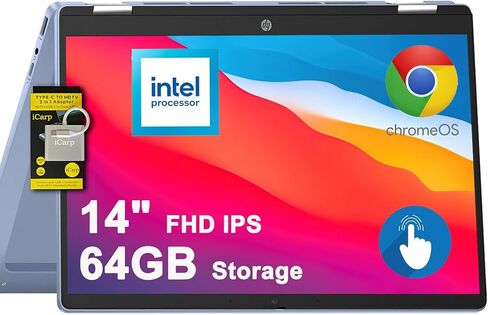 HP Chromebook x360 Home and Student 2 في 1 كمبيوتر محمول 14 بوصة FHD IPS Touch معالج Intel رباعي النواة N100 4 جيجابايت ذاكرة الوصول العشوائي 64 جيجابايت تخزين Type-C كاميرا FHD Wi-Fi6 عمر بطارية طويل ICP Hub in Kuwait