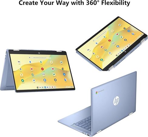 HP Chromebook x360 Home and Student 2 في 1 كمبيوتر محمول 14 بوصة FHD IPS Touch معالج Intel رباعي النواة N100 4 جيجابايت ذاكرة الوصول العشوائي 64 جيجابايت تخزين Type-C كاميرا FHD Wi-Fi6 عمر بطارية طويل ICP Hub in Kuwait