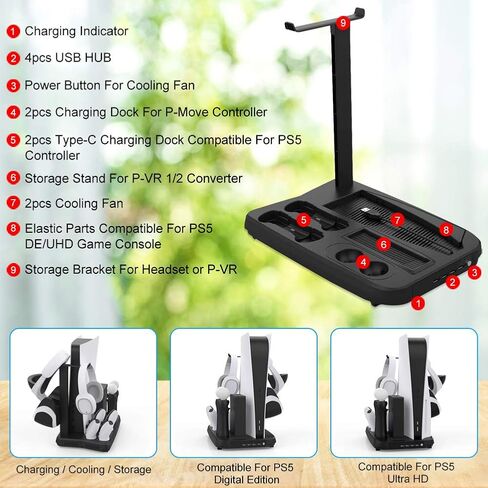 Charging Station for PS5 VR, PS VR Charging Display Stand - Showcase, Cool, Charge, and Display your PS5 VR - Playstation 5 Vertical Stand, Fan, Controller Charger and Hub in Saudi Arabia