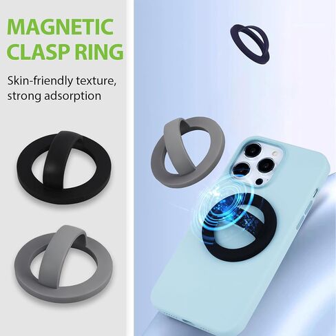 2PCS Magnetic Silicone Phone Grip Holder, Loop Stand and Finger Strap, Compatible with MagSafe for iPhone 16/15/14/13/12 Series, Easy Install and Remove(Black + White) in Saudi Arabia