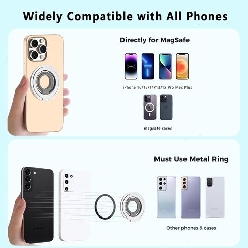 حامل بمقبض هاتف مغناطيسي مطور لعام 2025 لحامل حلقة بمقبض هاتف Mag-Safe متوافق مع iPhone 16 Pro Max Plus 15 14 13 12&Samsung Oneplus Android المرفق بحلقة معدنية عالمية (فضي) in Saudi Arabia