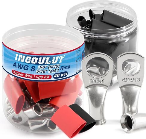 20 PCS AWG 8 Gauge 5/16 3/8 Battery Cable Lugs Copper Wire Connector Ring Terminal M8 M10 Heavy Duty Tinned Crimp Eyelets with 20 PCS 3:1 Heat Shrink Tubing in Double-Opening Plastic Bottle in Saudi Arabia