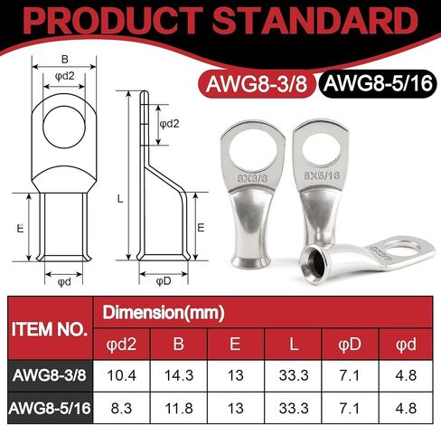 20 PCS AWG 8 Gauge 5/16 3/8 Battery Cable Lugs Copper Wire Connector Ring Terminal M8 M10 Heavy Duty Tinned Crimp Eyelets with 20 PCS 3:1 Heat Shrink Tubing in Double-Opening Plastic Bottle in Saudi Arabia