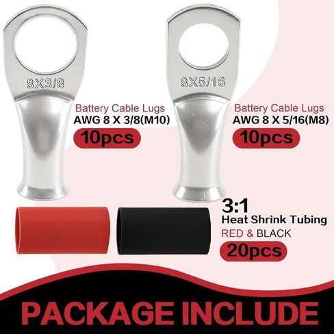 20 PCS AWG 8 Gauge 5/16 3/8 Battery Cable Lugs Copper Wire Connector Ring Terminal M8 M10 Heavy Duty Tinned Crimp Eyelets with 20 PCS 3:1 Heat Shrink Tubing in Double-Opening Plastic Bottle in Saudi Arabia
