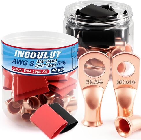 20 PCS AWG 8 Gauge 5/16 3/8 Battery Cable Lugs Copper Wire Connector Ring Terminal M8 M10 Heavy Duty Tinned Crimp Eyelets with 20 PCS 3:1 Heat Shrink Tubing in Double-Opening Plastic Bottle in Saudi Arabia