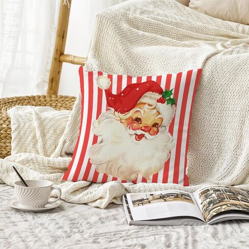 Pink Santa Claus Christmas Pillow Covers 18x18, Preppy Christmas Decor, Pink and White Striped Xmas Santa Decorative Throw Pillow Covers for Couch Sofa Bedroom Living Room Home in Kuwait